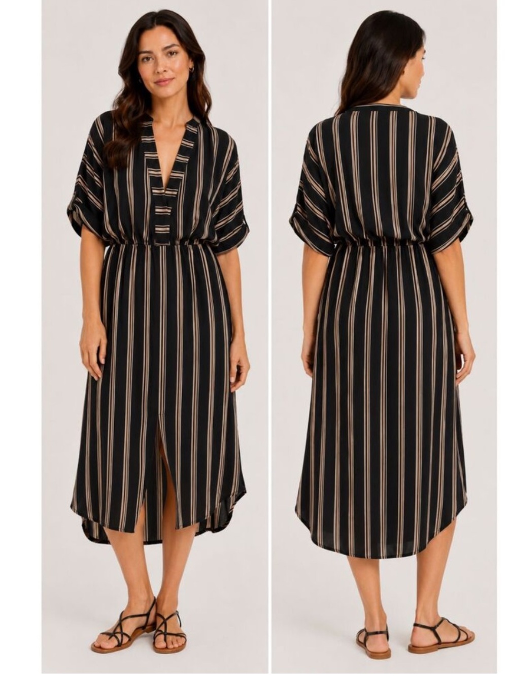 NWT Uma And Leopold Anita Kaftan midi Striped Dress Black tan Multi S